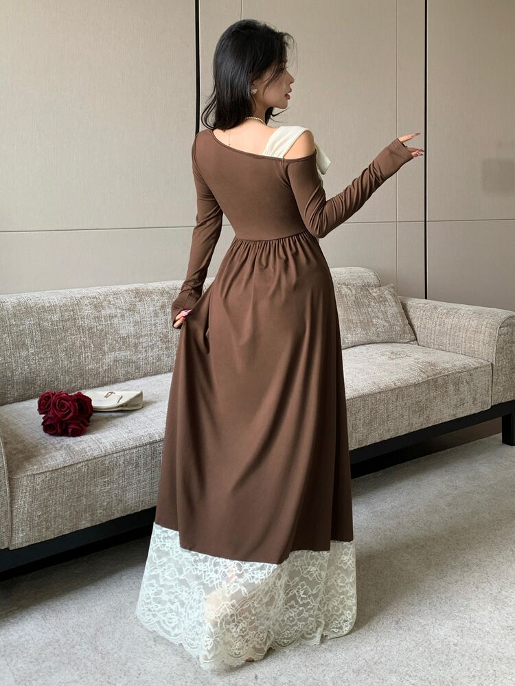 Modelyn 女款優雅可愛浪漫棕色條紋露肩洋裝，配對比蕾絲與蝴蝶結細節，適合秋季返校、晚餐約會與派對 - 咖啡 - 查看 2