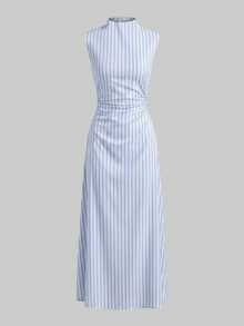 Firerie New Minimalist Elegant Romantic Date Daily Commute White Small Stand Collar Sleeveless Waist-Cinching Pleated A-Line Maxi Dress - White - View 5