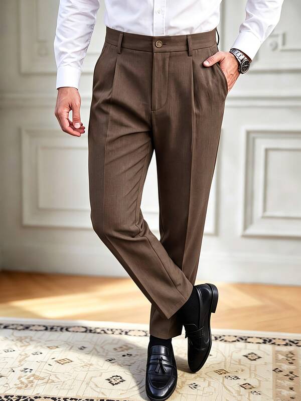 Core Aspect Men's 2026 Spring Summer Tapered Suit Pants, Dark Taupe Pleated Cuffed Ankle Trousers, Old Money Qui
