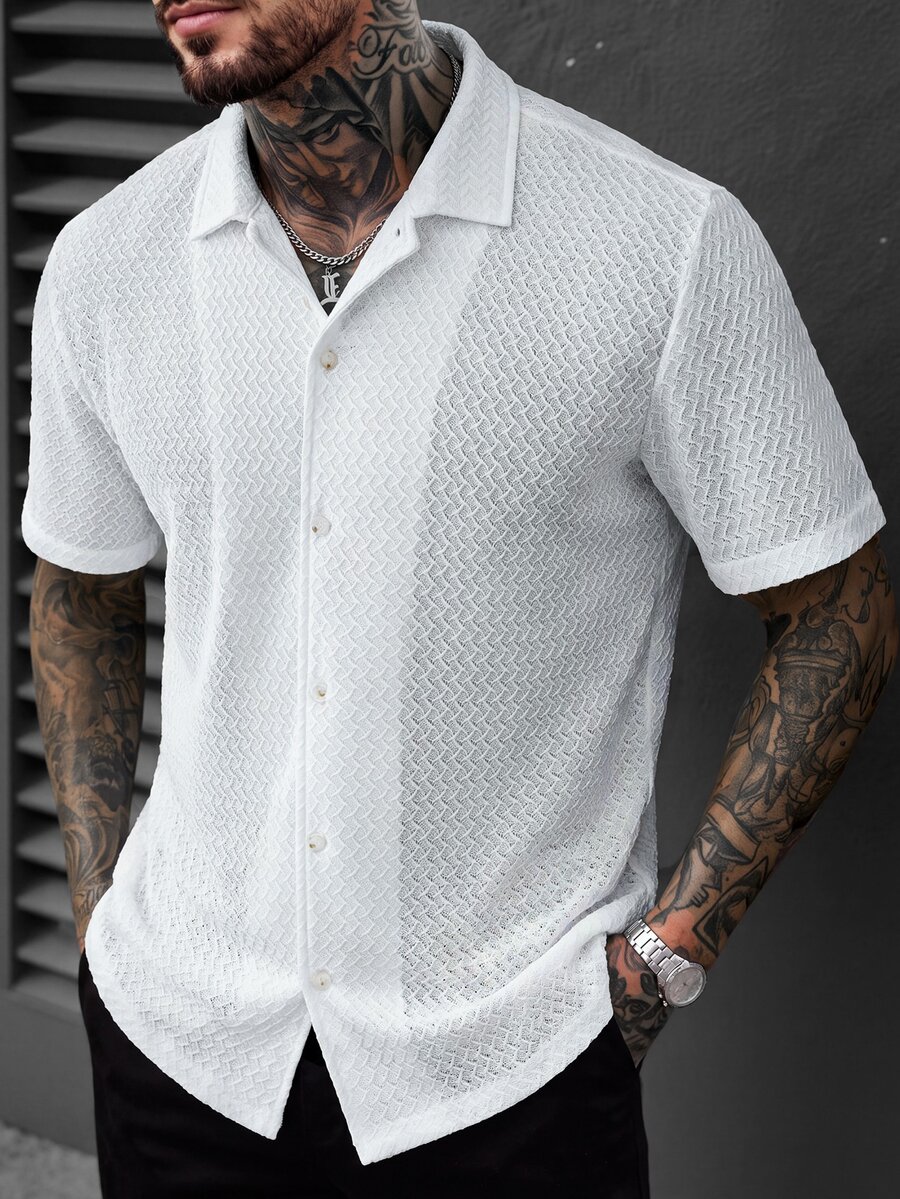SLATEMANN Men's Solid Color Knit Textured Loose Drop Shoulder Casual Modest Vacation Daily Streetwear Turn Collar Short Sleeve Shirt Vacation White Summer - White - View 1