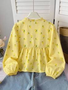 SHEIN Teen Girl Teen Girls Casual Daily Comfortable Loose Ruffle Collar Top, Autumn/Winter/All Season Wear - Yellow - View 4