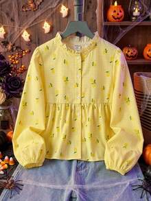 SHEIN Teen Girl Teen Girls Casual Daily Comfortable Loose Ruffle Collar Top, Autumn/Winter/All Season Wear - Yellow - View 3