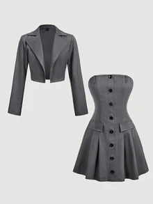 SHEIN MOD 灰色時尚短夾克與單排扣抹胸式緊身連身裙套裝 - 深灰色 - 查看 3