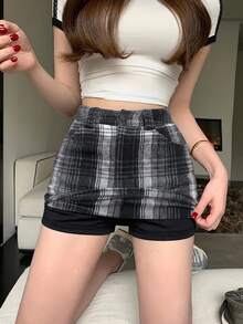 DAZY 秋季高腰貼身黑白格紋迷你裙，校園正式約會風，返校甜美休閒 Y2K 90s 街頭風，女款學院風 70s - 深灰色 - 查看 4
