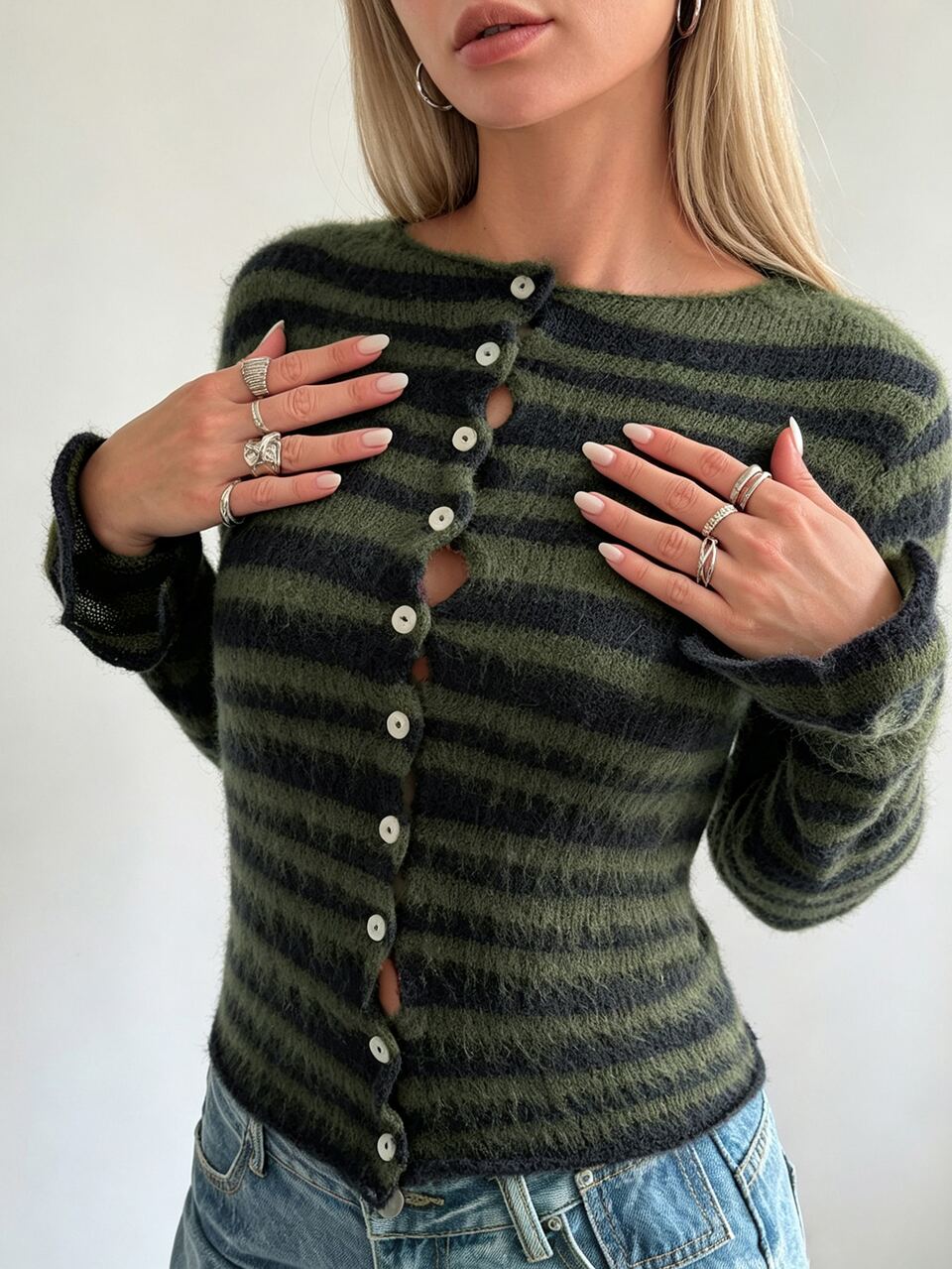 Women's Autumn Casual Grunge Striped Thin Cardigan Brunch Olive Green