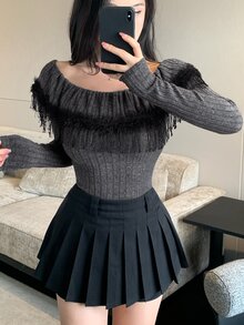 Joudiya Women's Autumn Fashion Tassel Decor Off-Shoulder T-Shirt Night Out Party Date Dark Grey Elegant - Grey - View 4