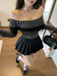 Joudiya Women's Autumn Fashion Tassel Decor Off-Shoulder T-Shirt Night Out Party Date Dark Grey Elegant - Grey - View 8