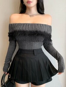 Joudiya Women's Autumn Fashion Tassel Decor Off-Shoulder T-Shirt Night Out Party Date Dark Grey Elegant - Grey - View 9