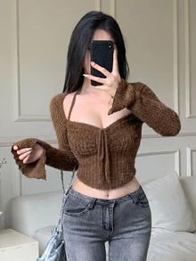 DAZY 秋冬女款 2合1 抽繩綁帶修身毛絨咖啡棕短版長袖 T-shirt，性感夜店風 - 棕色 - 查看 4