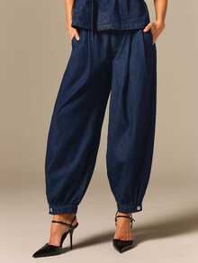 COSMINA Denim Women's Casual 2000s Smart Casual Washed Lantern Denim Jeans Office Date Everyday Navy Blue Summer Casual And Versatile Denim Balloon Pants - Blue - View 7