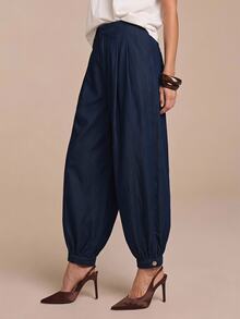 COSMINA Denim Women's Casual 2000s Smart Casual Washed Lantern Denim Jeans Office Date Everyday Navy Blue Summer Casual And Versatile Denim Balloon Pants - Blue - View 1