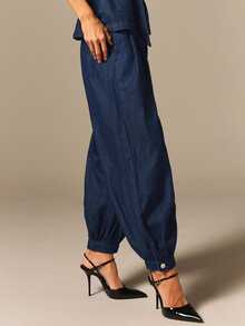 COSMINA Denim Women's Casual 2000s Smart Casual Washed Lantern Denim Jeans Office Date Everyday Navy Blue Summer Casual And Versatile Denim Balloon Pants - Blue - View 3