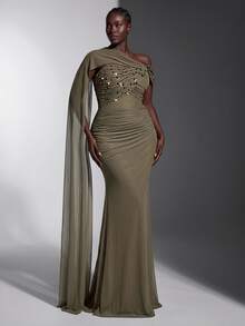 Elitara Plus Size Elegant Romantic Grey Minimalist Sophisticated Off-Shoulder Slimming Ruched Asymmetrical Neckline Pearl & Rhinestone Embellished High Slit Bodycon Mermaid Tail With Train Heavy Work Evening Gown For Wedding And All Formal Events - Grey - View 3