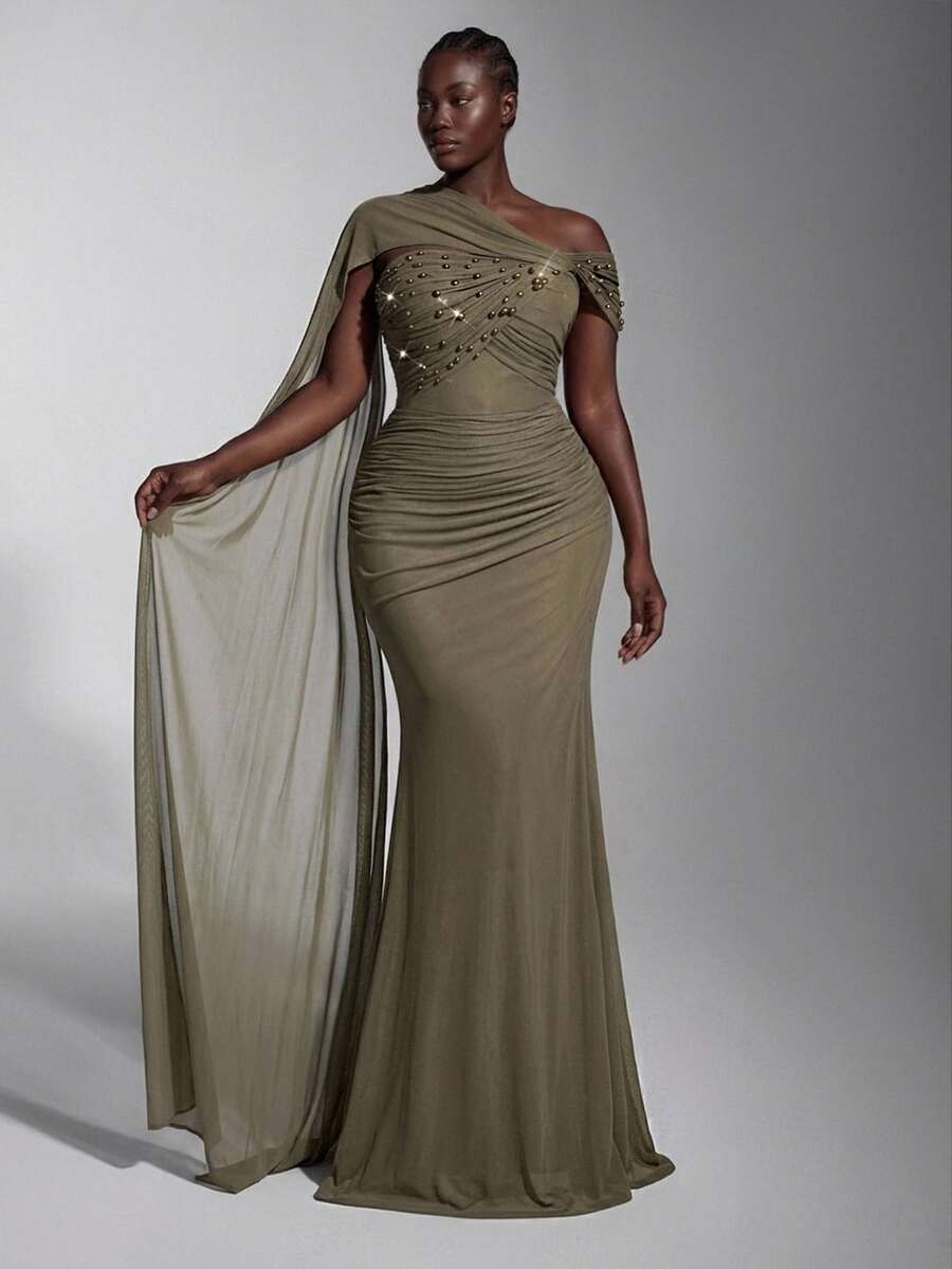Elitara Plus Size Elegant Classy Olive Green Off-Shoulder Ruched Asymmetrical Neckline Pearl Rhinestone High Slit Bodycon Mermaid Tail Evening Gown Wedding