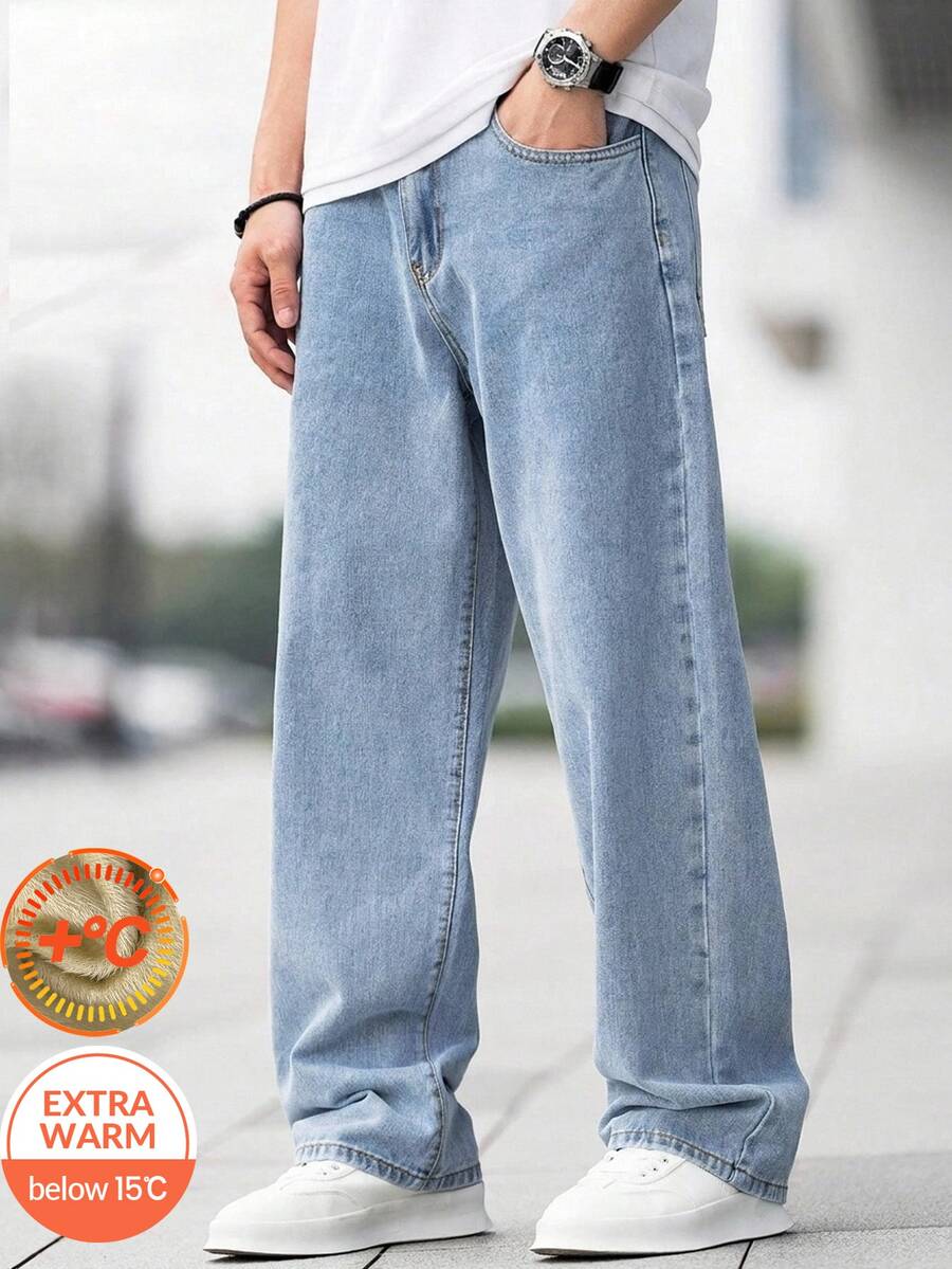 SHEIN 青少年男孩時尚羊毛內墊保暖寬鬆直筒牛仔長褲,黑色,適合上學,秋冬款 - 藍色 - 查看 1