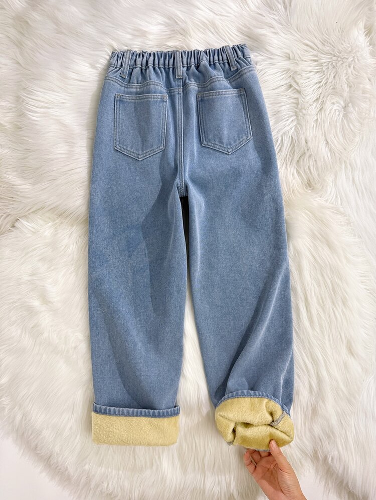 SHEIN Tween Boy Fashion Wool-Cushioned Kids Warmth-Friendly Loose-Fitting Straight Denim Jeans Black To School Autumn Winter - Blue - View 2