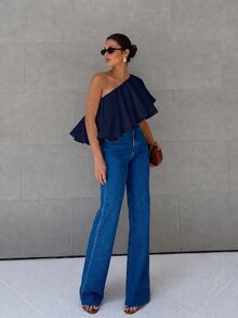 Anewsta Essential Women's New Summer Casual Asymmetrical Neck Blouse, Off-Shoulder Asymmetric Ruffle Solid Color Elegant Top, Suitable For Daily, Vacation And Commute - Navy Blue - View 4