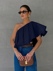 Anewsta Essential Women's New Summer Casual Asymmetrical Neck Blouse, Off-Shoulder Asymmetric Ruffle Solid Color Elegant Top, Suitable For Daily, Vacation And Commute - Navy Blue - View 3