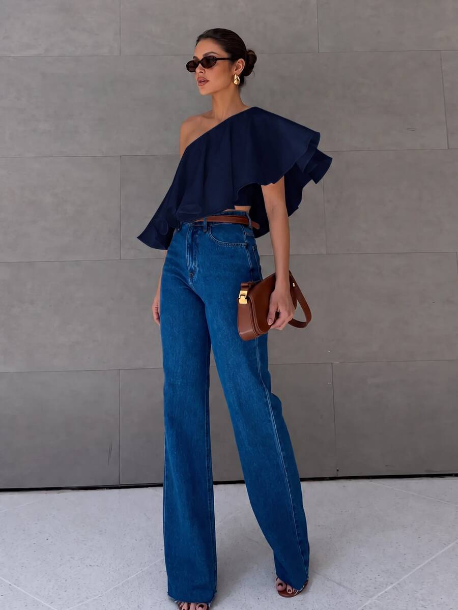 Anewsta Essential Women's New Summer Casual Asymmetrical Neck Blouse, Off-Shoulder Asymmetric Ruffle Solid Color Elegant Top, Suitable For Daily, Vacation And Commute - Navy Blue - View 1
