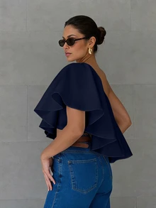 Anewsta Essential Women's New Summer Casual Asymmetrical Neck Blouse, Off-Shoulder Asymmetric Ruffle Solid Color Elegant Top, Suitable For Daily, Vacation And Commute - Navy Blue - View 2