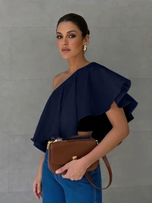Anewsta Essential Women's New Summer Casual Asymmetrical Neck Blouse, Off-Shoulder Asymmetric Ruffle Solid Color Elegant Top, Suitable For Daily, Vacation And Commute - Navy Blue - View 7