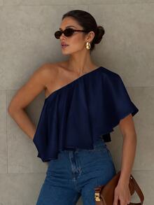 Anewsta Essential Women's New Summer Casual Asymmetrical Neck Blouse, Off-Shoulder Asymmetric Ruffle Solid Color Elegant Top, Suitable For Daily, Vacation And Commute - Navy Blue - View 5