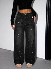 SHEIN EZwear 女款水鑽裝飾口袋寬腿休閒牛仔褲 秋季牛仔女裝 女生萬聖節亮片派對返校季新年造型 - 黑色 - 查看 4