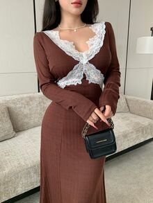 Modelyn Fashionable New Coffee Lace Patchwork Slim Fit Romantic Women's Dress - Coffee Brown - View 6