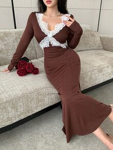 Modelyn Fashionable New Coffee Lace Patchwork Slim Fit Romantic Women's Dress - Coffee Brown - View 4