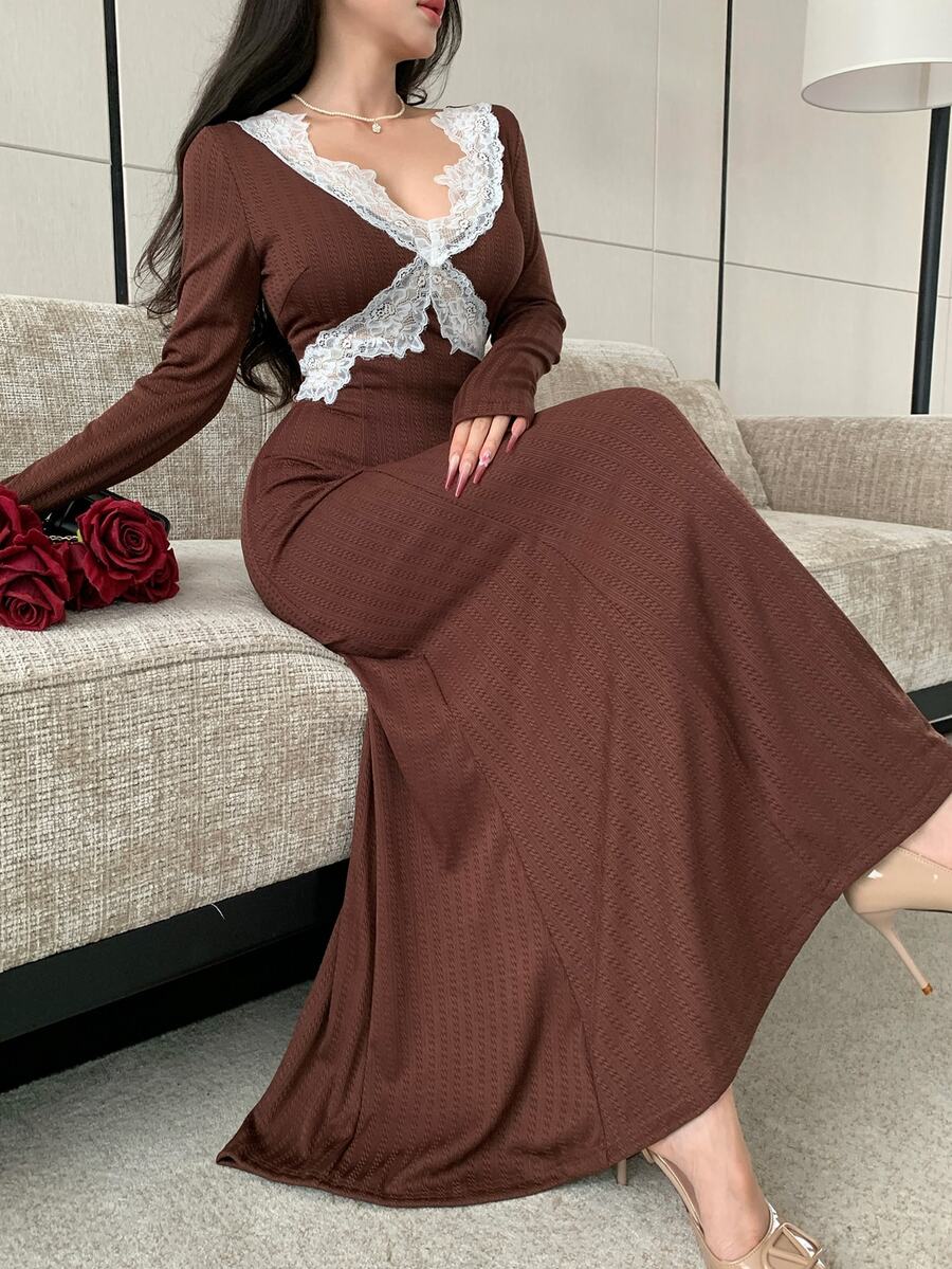 Modelyn Fashionable New Coffee Lace Patchwork Slim Fit Romantic Women's Dress