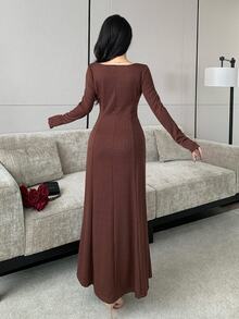 Modelyn Fashionable New Coffee Lace Patchwork Slim Fit Romantic Women's Dress - Coffee Brown - View 3