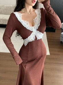 Modelyn Fashionable New Coffee Lace Patchwork Slim Fit Romantic Women's Dress - Coffee Brown - View 7