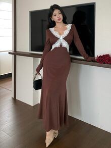 Modelyn Fashionable New Coffee Lace Patchwork Slim Fit Romantic Women's Dress - Coffee Brown - View 5