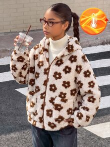 SHEIN 青少年女孩返校休閒花卉印花毛茸茸抓絨外套 保暖連帽泰迪絨拉鍊外套 秋季 - 淺粉色 - 查看 2