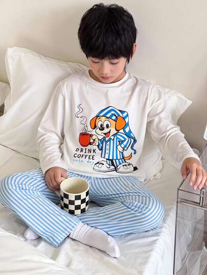 2pcs Kids Tween Boy Cute Cartoon Graffiti Pattern Pullover Crew Neck Long Sleeve White T-Shirt & Blue And White Striped Long Pants Pajamas, Skin-Friendly Home Wear, Tracksuit, Fall Clothes, Suitable For Autumn/Winter, Travel, Vacation, Family Gathering, Back To School Season
