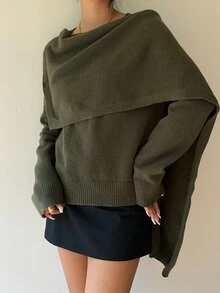 Aloruh Sweater Kerah Lilit Warna Polos Musim Gugur/Dingin untuk Wanita, Model Musim Gugur Terbaru - Hijau - View 7