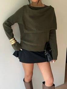 Aloruh Sweater Kerah Lilit Warna Polos Musim Gugur/Dingin untuk Wanita, Model Musim Gugur Terbaru - Hijau - View 4