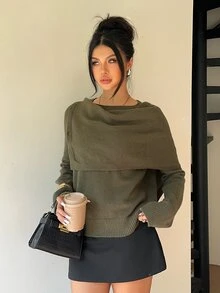 Aloruh Sweater Kerah Lilit Warna Polos Musim Gugur/Dingin untuk Wanita, Model Musim Gugur Terbaru - Hijau - View 6