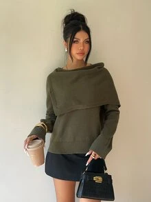 Aloruh Sweater Kerah Lilit Warna Polos Musim Gugur/Dingin untuk Wanita, Model Musim Gugur Terbaru - Hijau - View 5