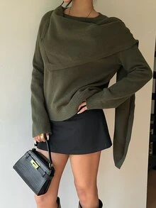 Aloruh Sweater Kerah Lilit Warna Polos Musim Gugur/Dingin untuk Wanita, Model Musim Gugur Terbaru - Hijau - View 3