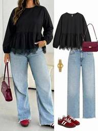 Shapeblank Casual Plus Size Black Long Sleeve Round Neck Shirt, Suitable For Autumn, Black Top, Party, Date, New Year Outfit, Halloween Costume