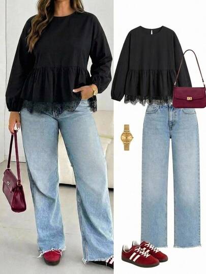 Shapeblank Kemeja Kasual Ukuran Besar Warna Hitam Lengan Panjang Kerah Bulat, Cocok untuk Musim Gugur, Atasan Hitam, Pesta, Kencan, Pakaian Tahun Baru, Kostum Halloween