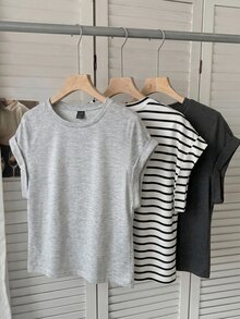 SHEIN LUNE 3件組女款休閒圓領落肩短袖T恤，適合春夏季 - 彩色 - 查看 5