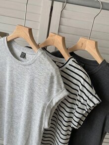 SHEIN LUNE 3件組女款休閒圓領落肩短袖T恤，適合春夏季 - 彩色 - 查看 4