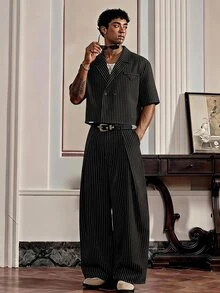 SWAVVY Men's Striped Shirt And Suit Pants Set - Black - View 1
