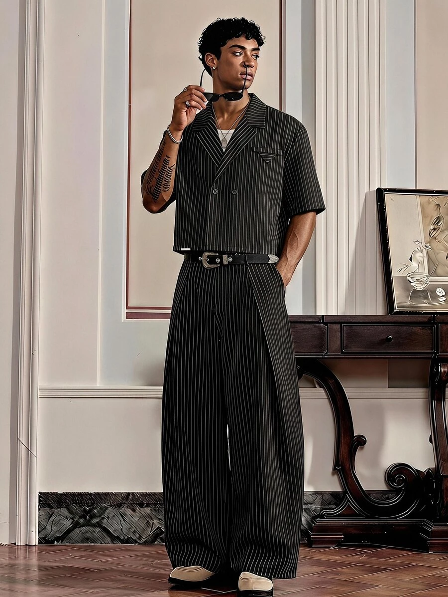 SWAVVY Men's Striped Shirt And Suit Pants Set - Black - View 1
