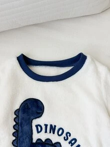SHEIN 2件組兒童小男孩秋冬配色拼色針織恐龍圖案圓領長袖套頭衛衣與長褲套裝，居家服套裝，刷毛套裝，男孩套裝，可愛套裝，恐龍套裝，藍色套裝 - 彩色 - 查看 6