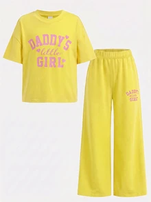 青少年女孩春夏可愛休閒極簡字母印花寬鬆短袖T恤+長褲兩件套，休閒時尚街頭風 - 黃色 - 查看 5