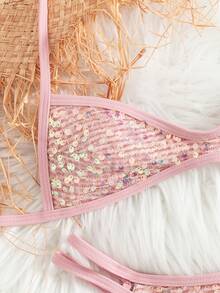 Swim Vcay 70s Retro Pink Summer Sequin Bikini Set, High-Cut Reversible Two Pieces Swimwear With Adjustable Strap,Sweet Beach,Holiday,Party Triangle Suit - Pink - View 4