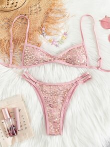 Swim Vcay 70s Retro Pink Summer Sequin Bikini Set, High-Cut Reversible Two Pieces Swimwear With Adjustable Strap,Sweet Beach,Holiday,Party Triangle Suit - Pink - View 1